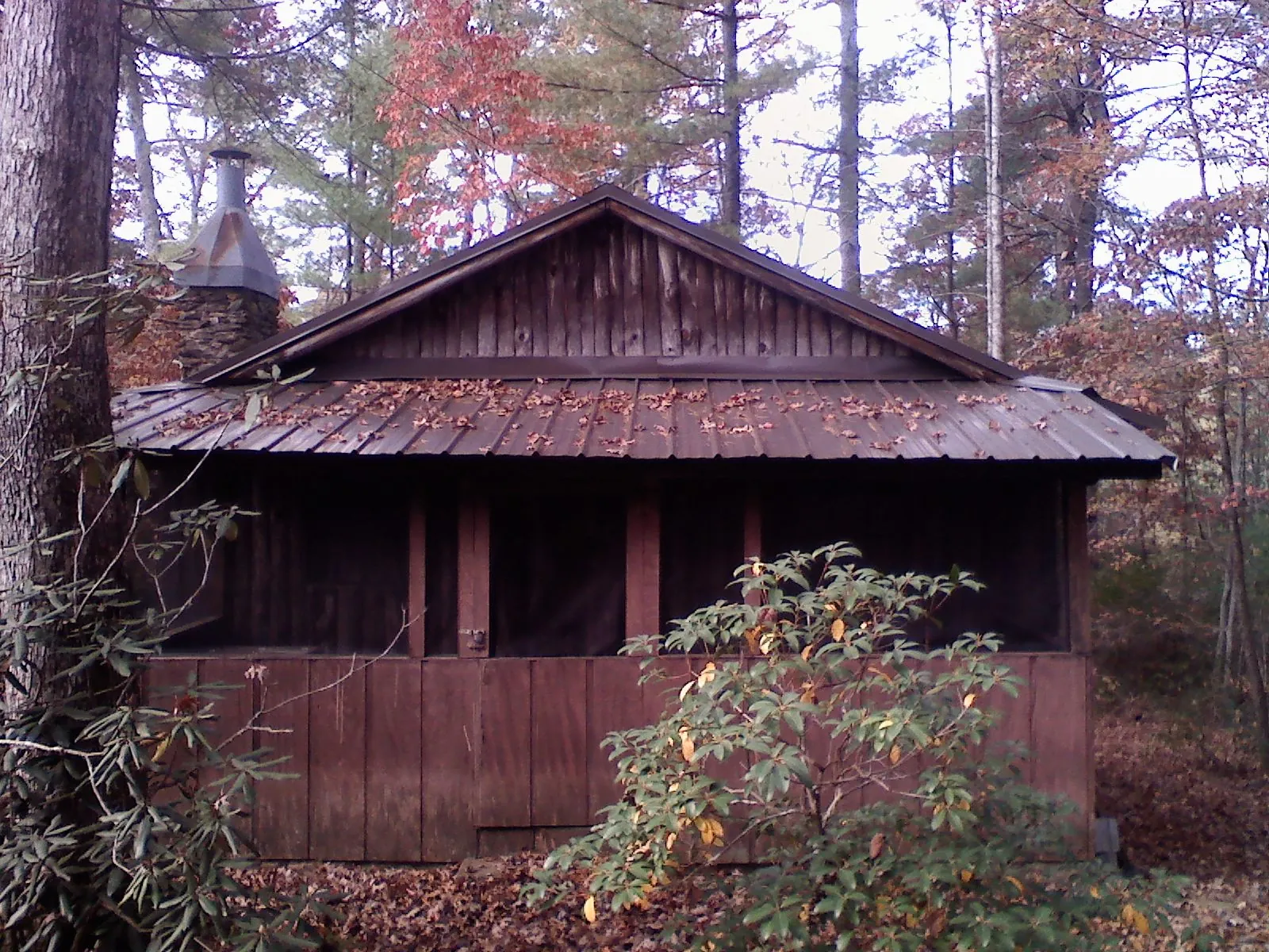 Metal roof over the screened porch of a rustic cabin in Marquette